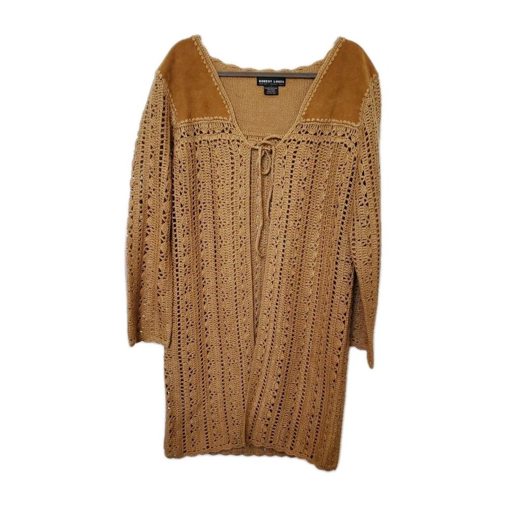 Robert Louis Large Suede Hand Crochet Open Tie Front Cardigan Long Western Boho